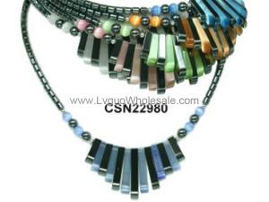 Cat's Eye Opal Teeths Pendant and Hematite Beads Style Chunky Statement Bib Fashion Necklace